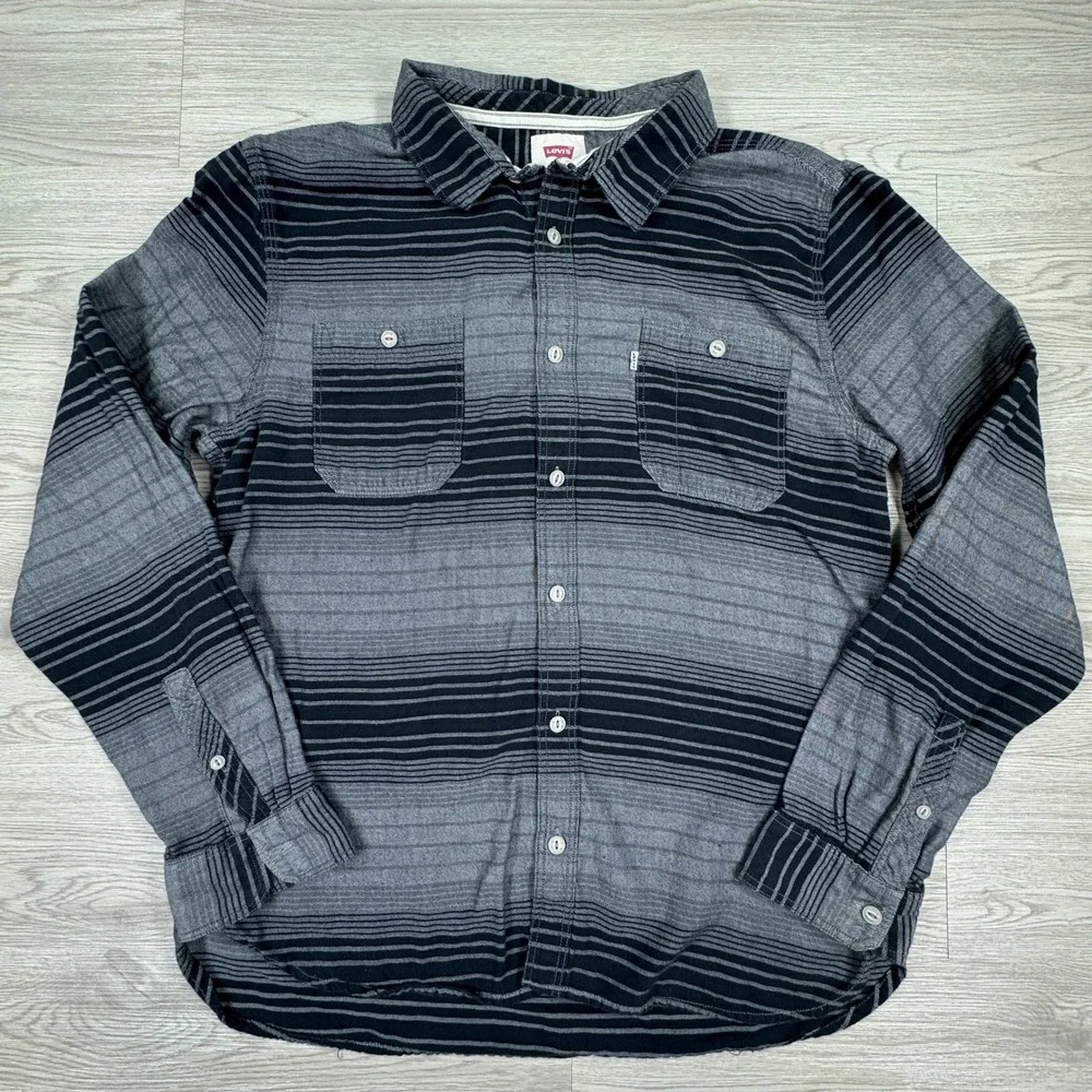 Levi's Men's Button Down Shirt XXL Gray Black Striped Long Sleeve Cotton Flannel